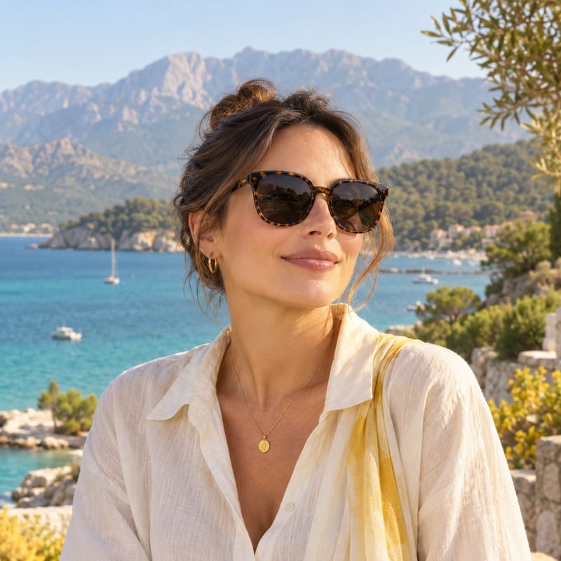 Deniz ve dağlar önünde güneş gözlüğü takan kadın